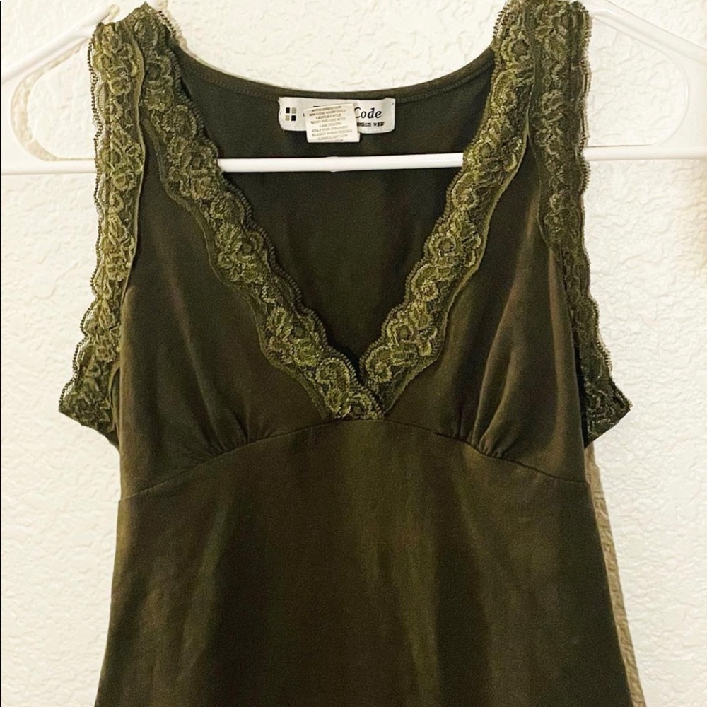 Mind Code Olive Green Lace Trim Top